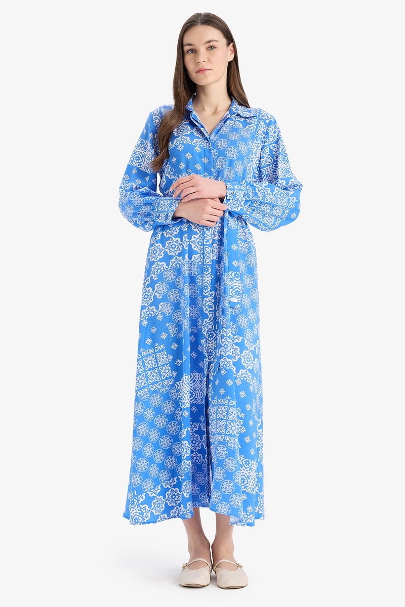 DeFacto Blue Woman Shirt Collar Printed Viscose Dress Casual - Image 3